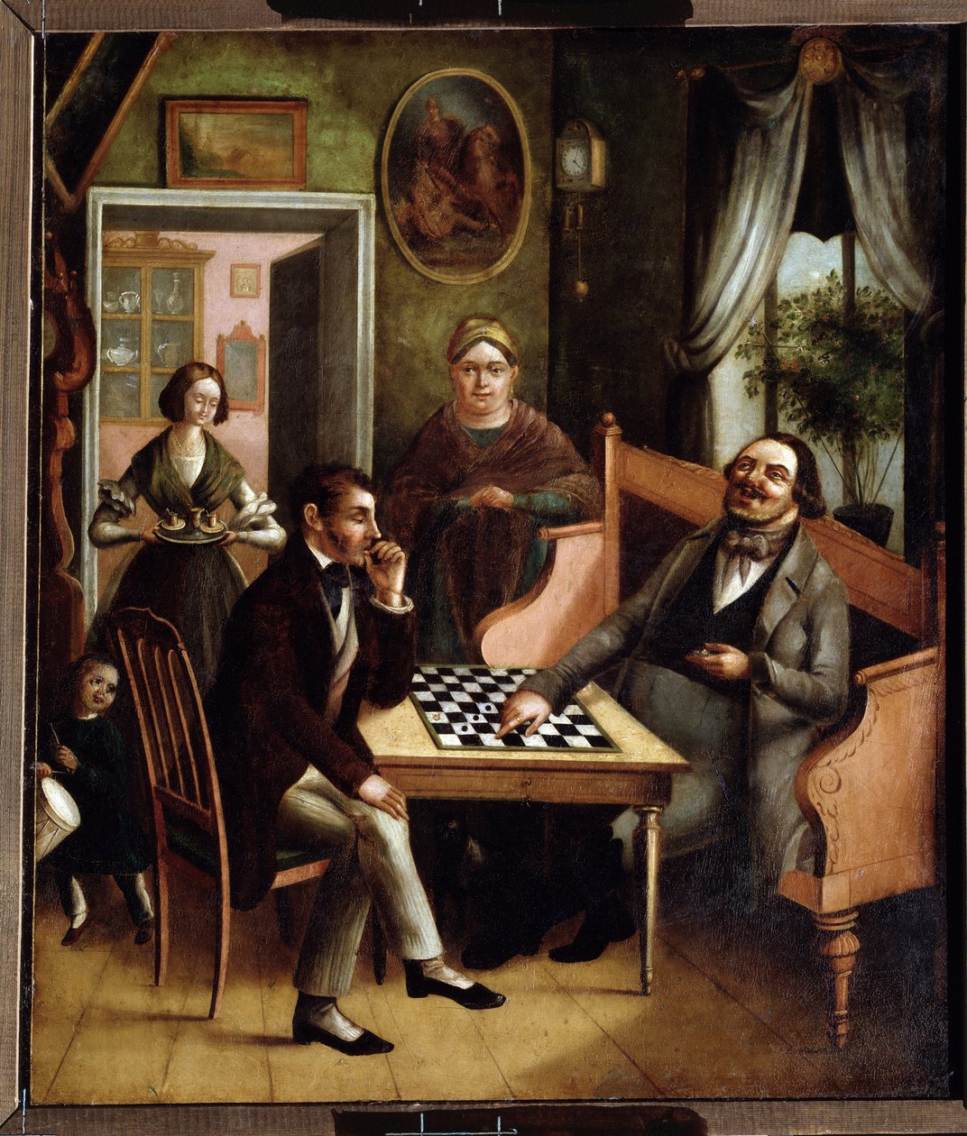 ""Os jogadores de damas"" Grupo de burgueses russos em um interior. Pintura de Ivan Stepanovich Doshchennikov (1812-1893) 1840-1850 State Art Gallery, Perm, Rússia de Ivan Stepanovich Doshchennikov