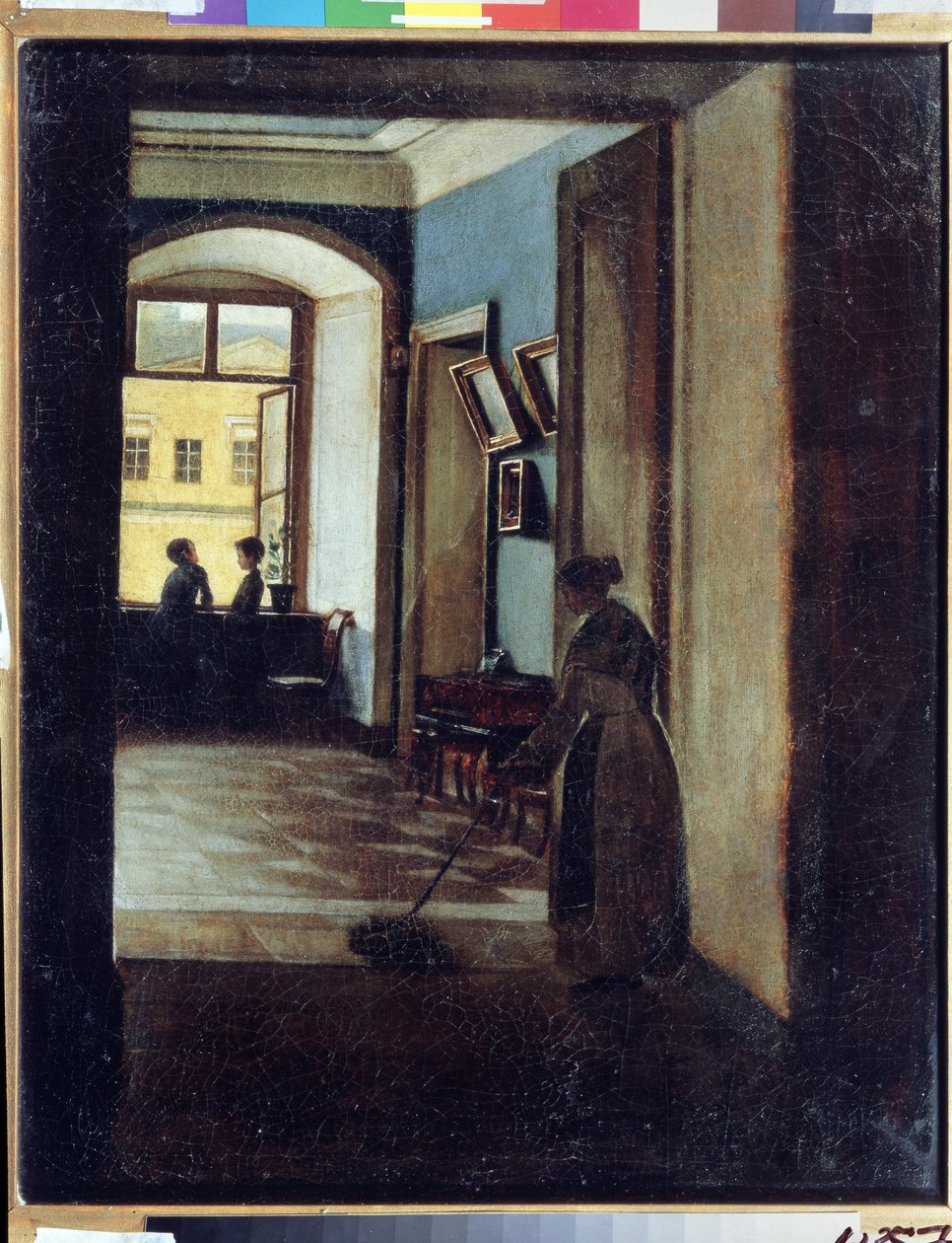 ""Vista de um interior"" Um criado passa o esfregão na sombra de um corredor (de uma escola?). Pintura de Ivan Trofimovich Durnov (1801-1847) Museu de Arte Estatal da República do Tartaristão, Kazan de Ivan Trofimovich Durnov