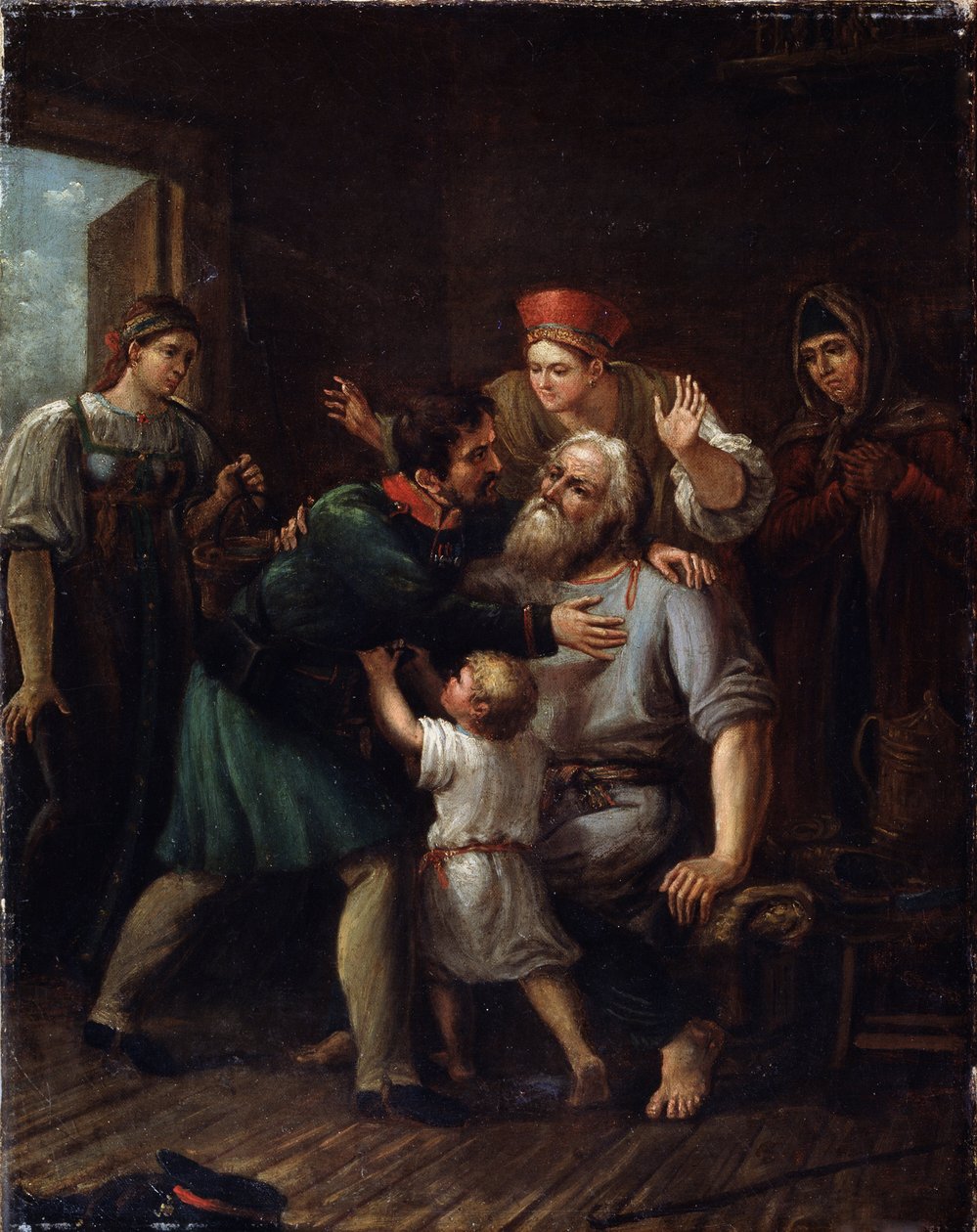 O Retorno do Guerreiro (Guerreiro do Baile). Um soldado volta para casa e se joga nos braços de seu velho pai. Toda a família expressa sua alegria e alívio por vê-lo vivo. Pintura de Ivan Vasilyevich Luchaninov (1781-1824), óleo sobre t de Ivan Vasilyevich Luchaninov