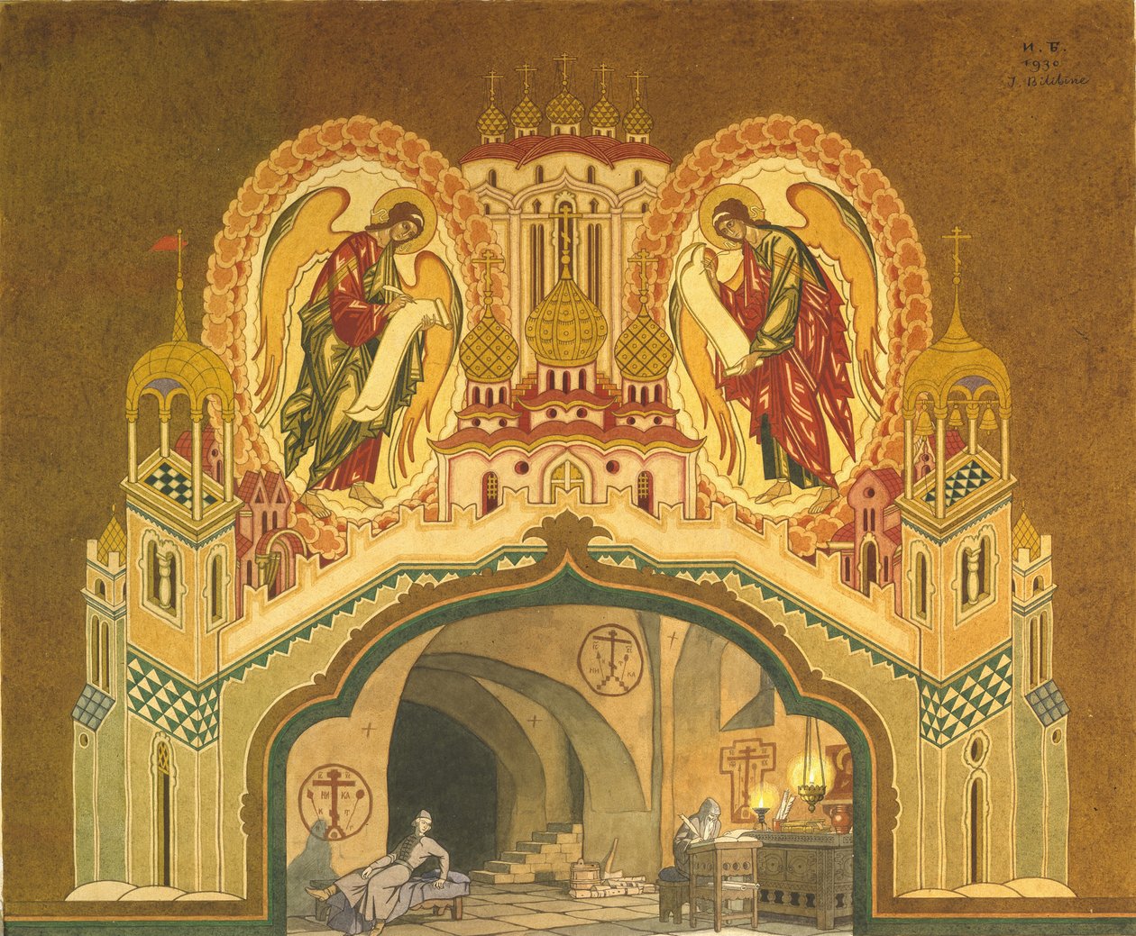 Mosteiro de Chudov. Cenografia da ópera Boris Godunov de M. Musorgsky, 1930 de Ivan Yakovlevich Bilibin