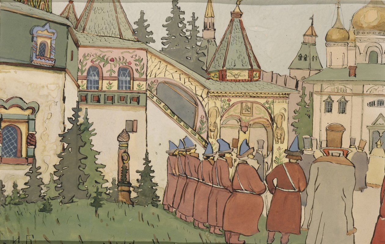 Ilustração para o conto de fadas A pena de Finist the Falcon, início do século XX de Ivan Yakovlevich Bilibin
