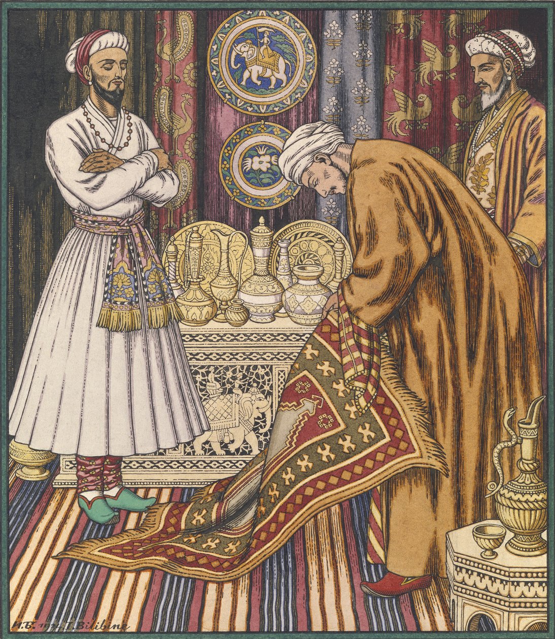 Príncipe Ali comprando um tapete. Ilustração para contos de fadas árabes de Ivan Yakovlevich Bilibin
