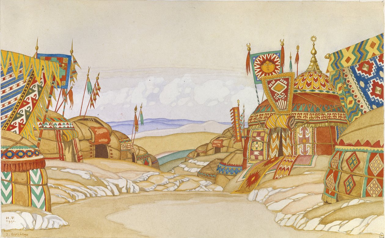 O campo polovtsiano. Cenografia da ópera Prince Igor de A. Borodin, 1930 de Ivan Yakovlevich Bilibin