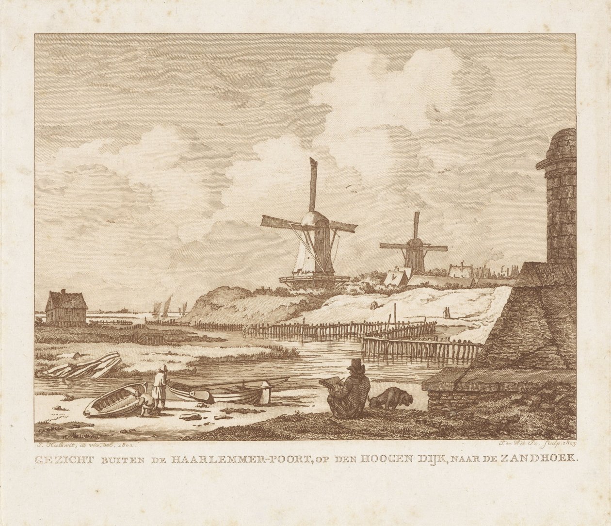 Vista do lado de fora do Haarlemmerpoort em Amsterdã com um desenhista sentado Vista do lado de fora do Haarlemmer-Poort, no Hoogen Dijk, em direção ao Zandhoek (título no objeto) de Izaak Jansz. de Wit