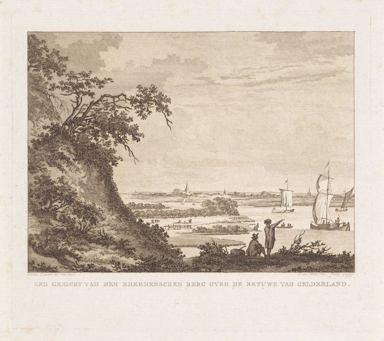 Ampla paisagem com duas figuras e veleiros Uma vista de den Rheenenschen Berg sobre o Betuwe de Gelderland (título no objeto) de Izaak Jansz. de Wit