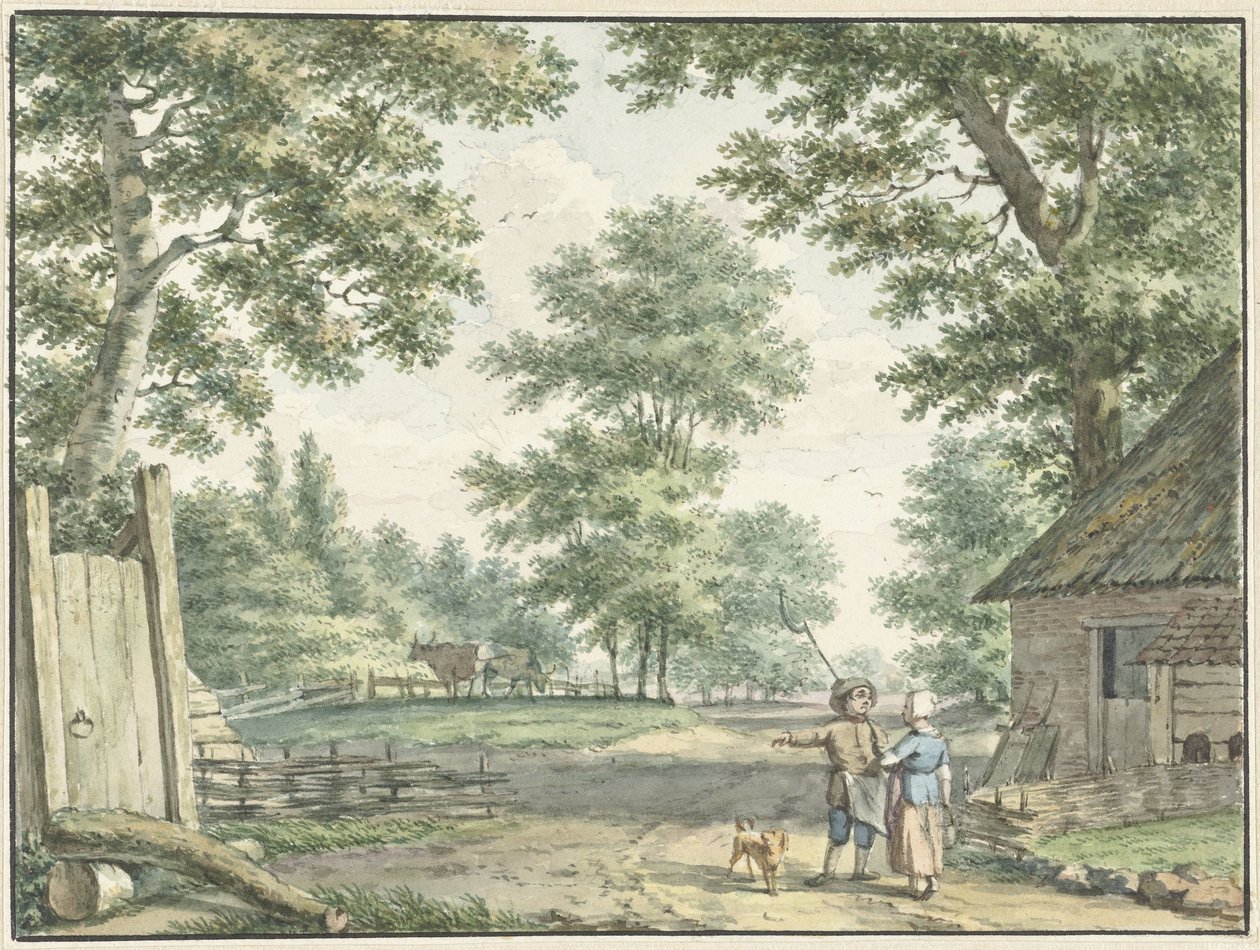 Paisagem com duas pessoas perto de uma casa de campo de Izaak Schmidt