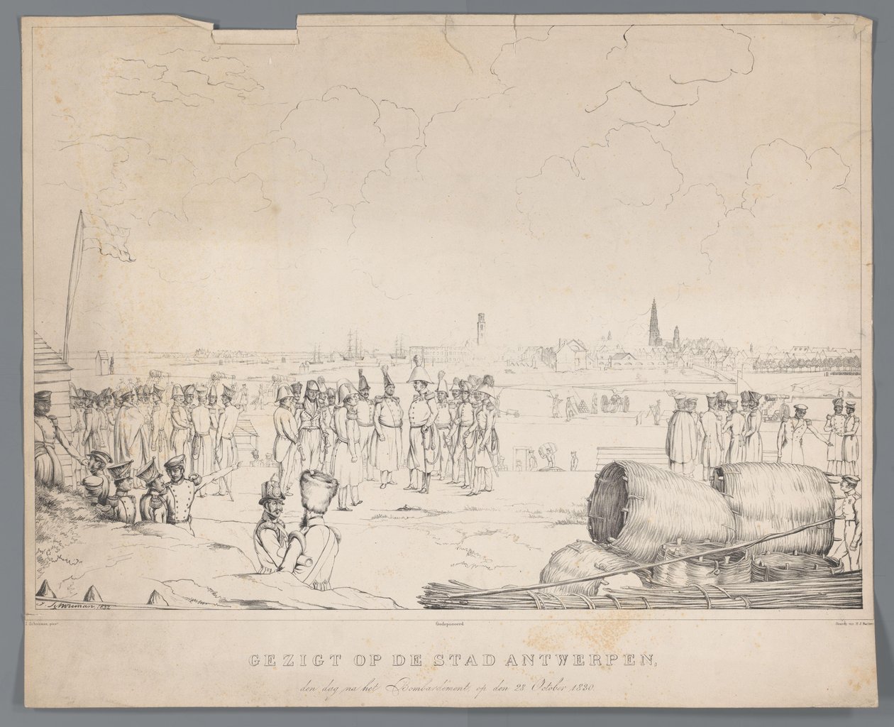 Vista da cidade de Antuérpia no dia seguinte ao bombardeamento, em 28 de Outubro de 1830 (título sobre o objecto) de Izaak Schouman