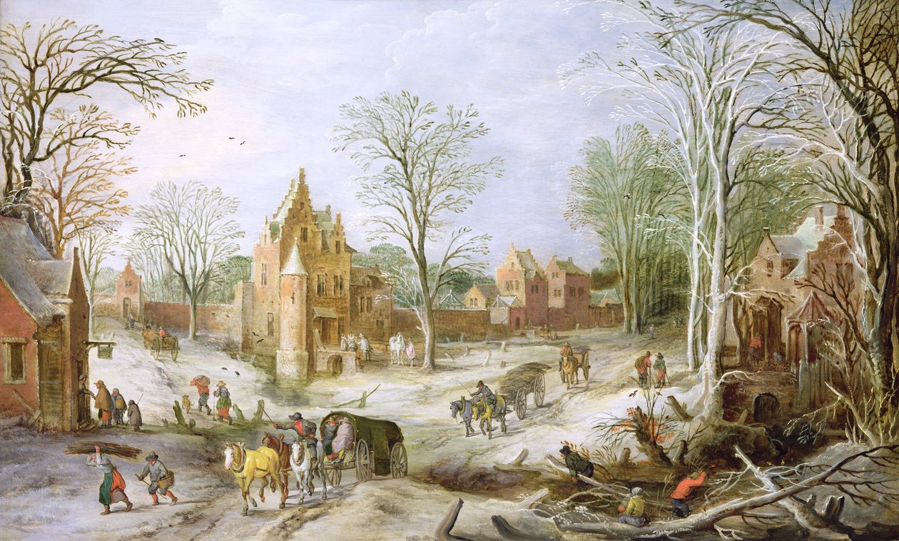 Uma paisagem de inverno arborizada com um carrinho (painel) de J. and Momper, J. de Brueghel