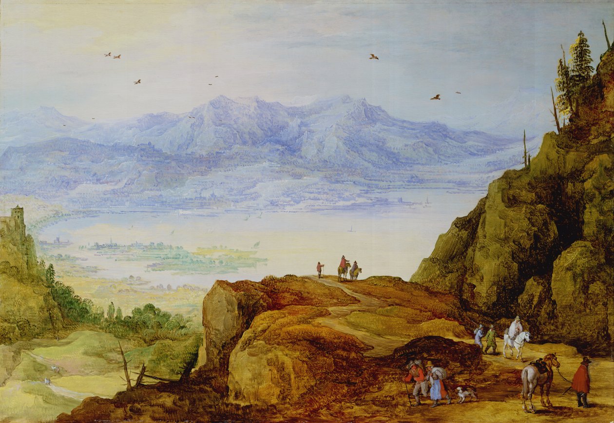 Extensa paisagem de montanha com um lago de J. and Momper, J. de Brueghel