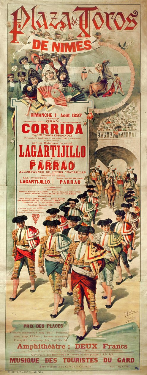 Cartaz publicitário uma tourada na Praça de Touros, Nimes, 1 de agosto de 1897, gravado por J. Ortega de J. and Pastor, E. Estellor