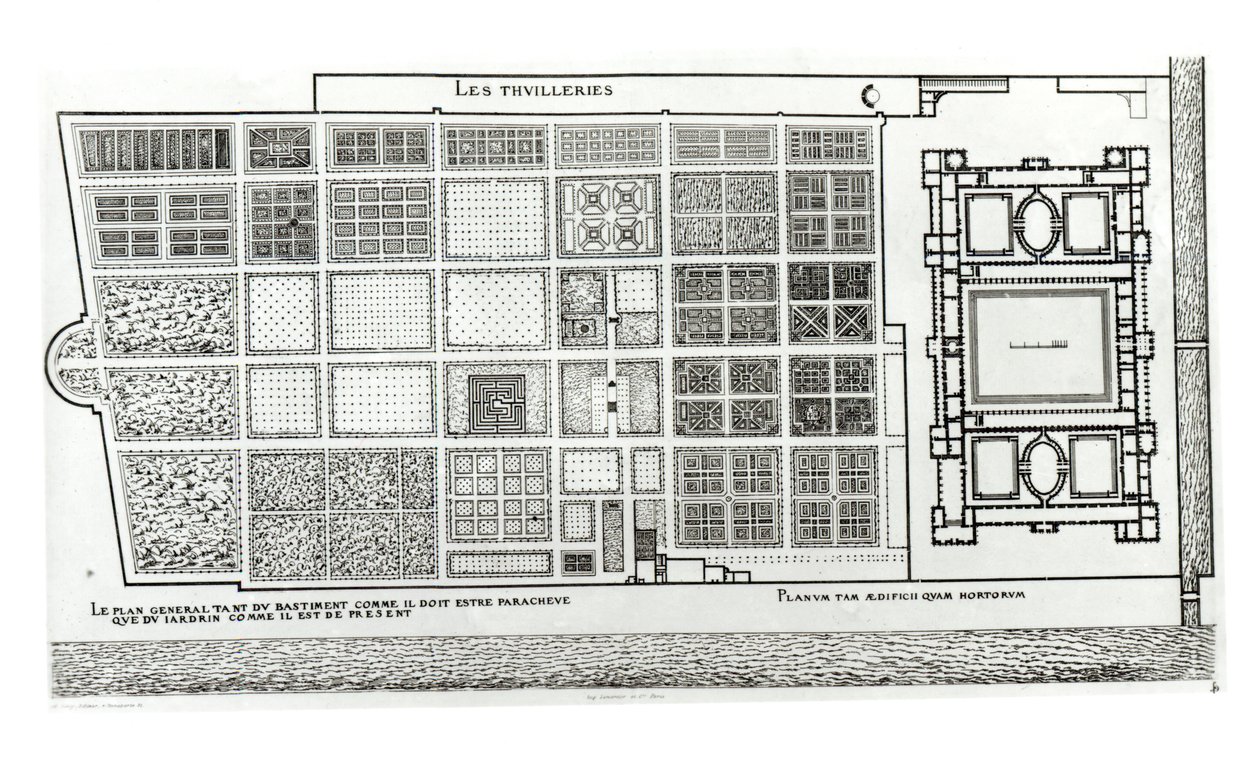 Plano do Palácio e Jardim das Tulherias, em Paris, no século XVI, publicado por A. Levy, século XIX de J. Androuet Ducerceau