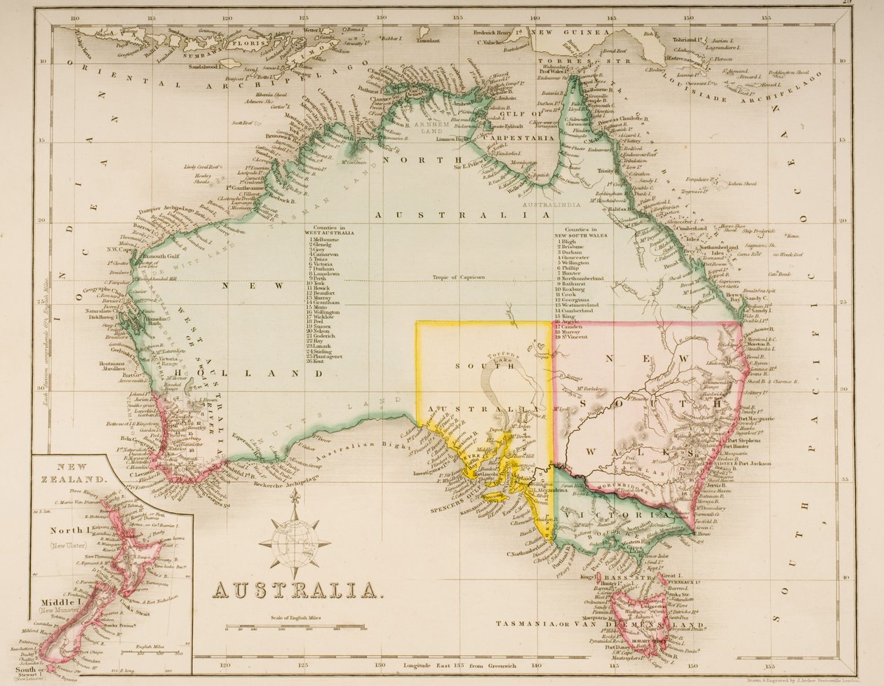 Mapa da Austrália e Nova Zelândia de J. Archer