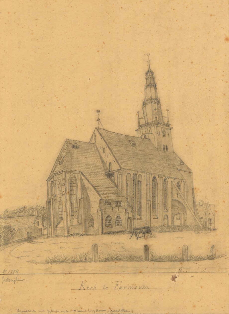 Desenho da antiga igreja de Farmsum para a demolição da torre em 1855 (e a igreja em 1869) de J. Berghuis