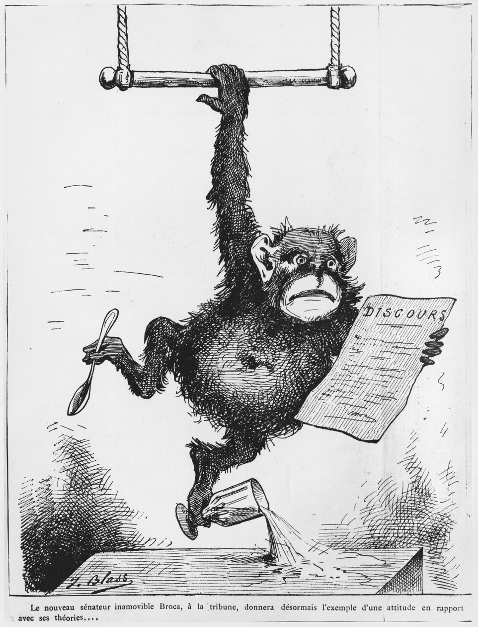 Caricatura de Paul Broca (1824-80) ilustração de &39;Le Triboulet&39;, 1880 de J. Blass