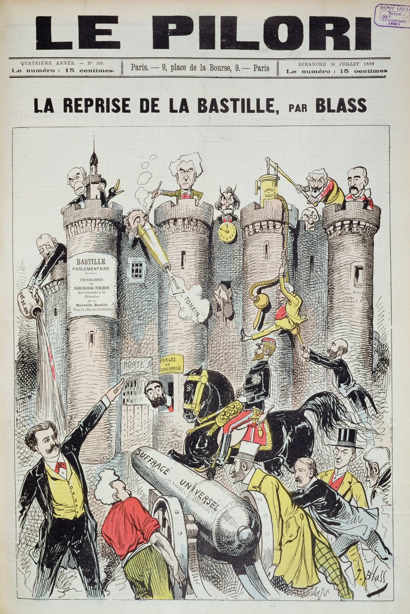 Capa de &39;Le Pilori&39; representando o general Boulanger (1837-91) &39;tomando&39; a Bastilha, caricatura nas eleições francesas de 1889, 14 de julho de 1889 de J. Blass