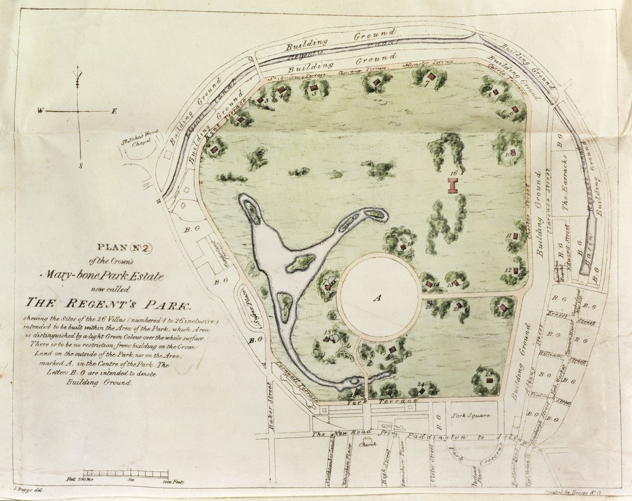 Plano do Regents Park, impresso por Boosey & Co., 1822 de J. Briggs