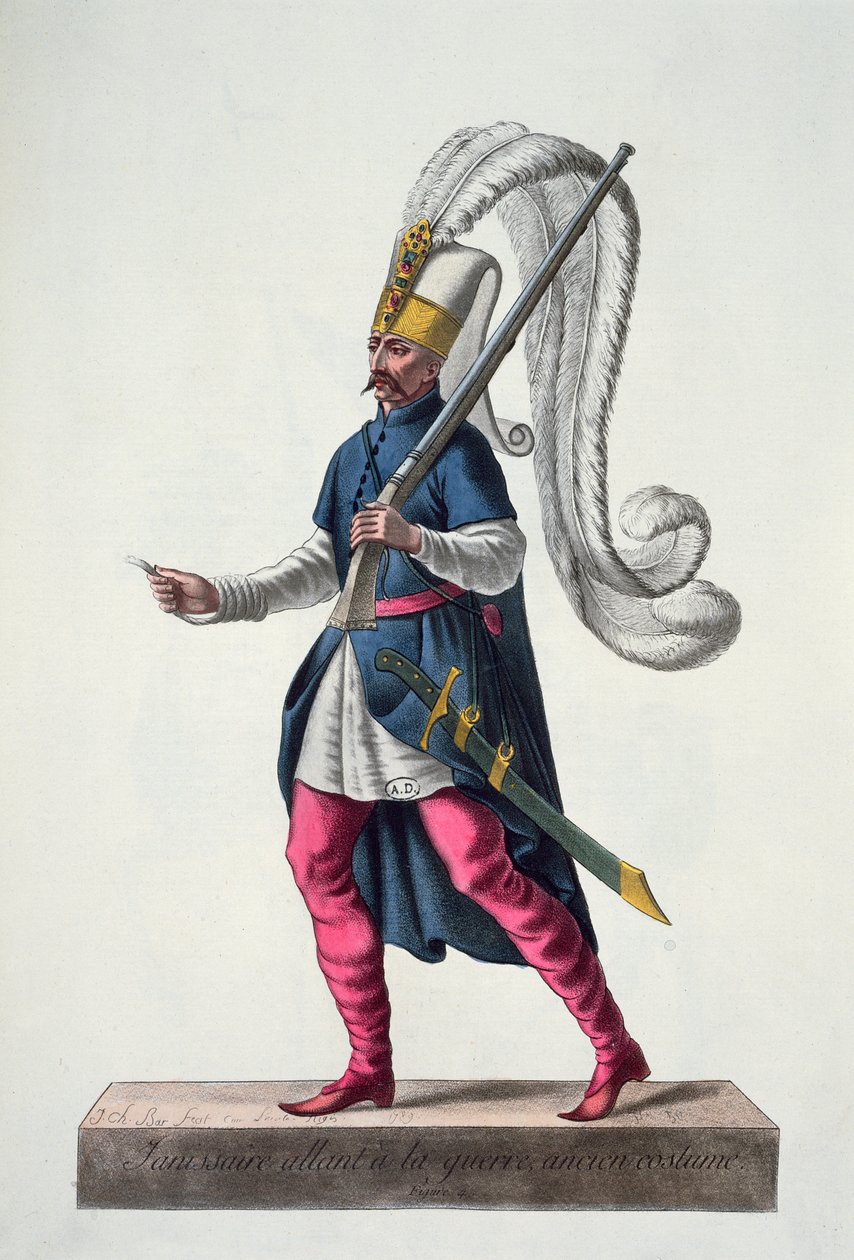 Um janízaro turco indo para a guerra no traje do século 16, de &39;coleção de todos os trajes de ordens religiosas e militares, 1789 (gravura a cores) de J. C. Bar