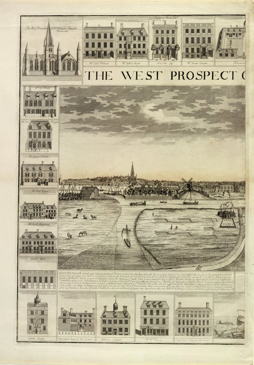 A perspectiva ocidental da cidade de Great Yarmouth em Norfolk, gravada por John Harris (fl.1686-1740) (ver também 241067,241068) de J. Corbridge