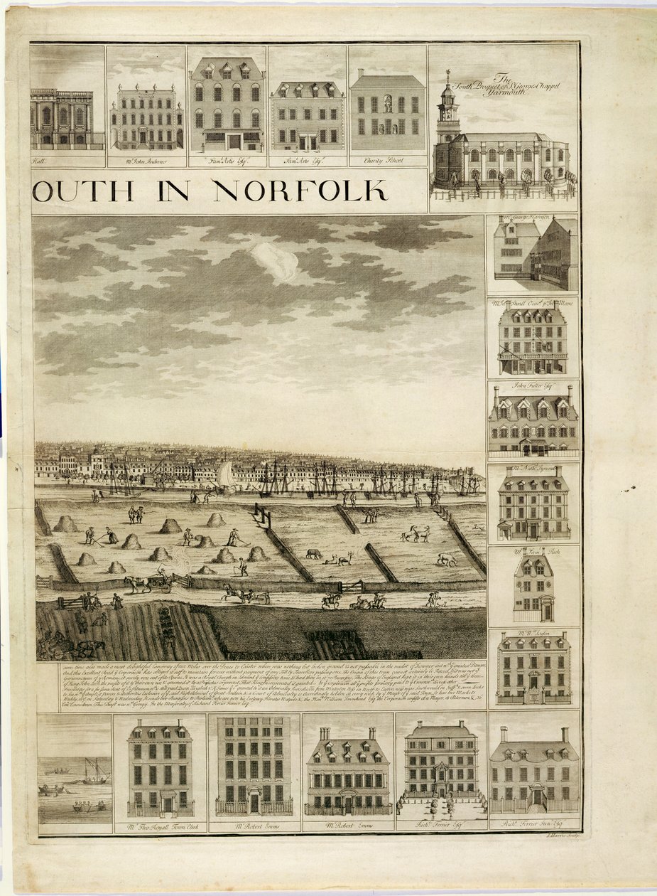 A perspectiva ocidental da cidade de Great Yarmouth em Norfolk, gravada por John Harris (fl.1686-1740) (ver também 241066,241067) de J. Corbridge