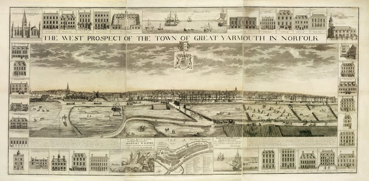 A perspectiva ocidental da cidade de Great Yarmouth em Norfolk, gravada por John Harris (fl.1686-1740) (ver também 241066-68) de J. Corbridge