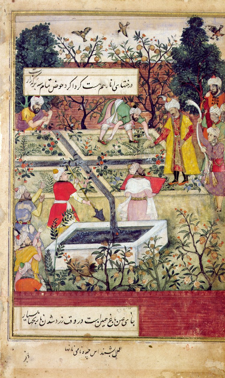 Imperador Babur (c.1494-1530) pesquisando o estabelecimento de um jardim em Cabul, c.1600 de J. Dorman