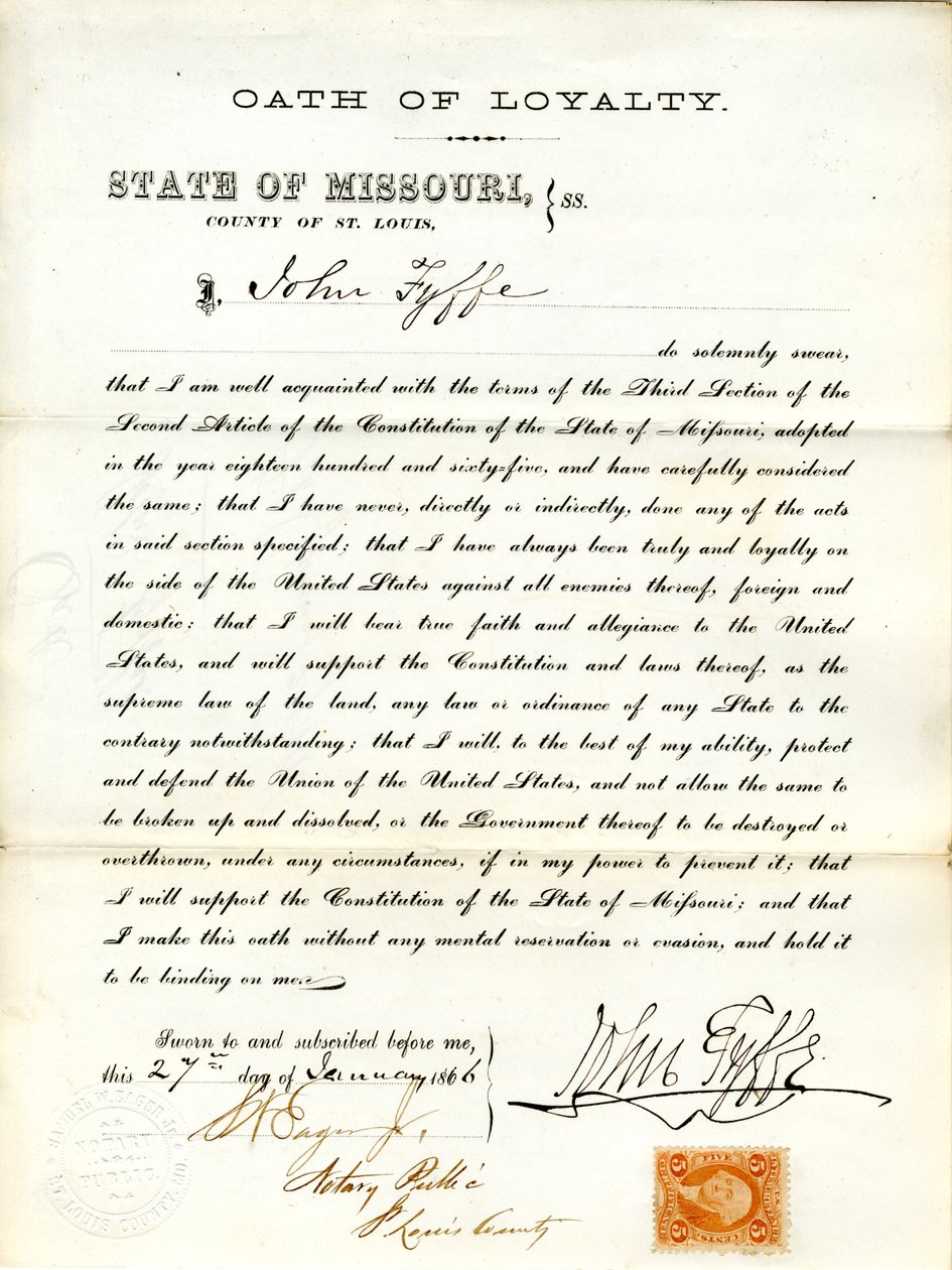 Jura juramento de lealdade ao Governo dos Estados Unidos e ao Estado do Missouri de J. Fyffe