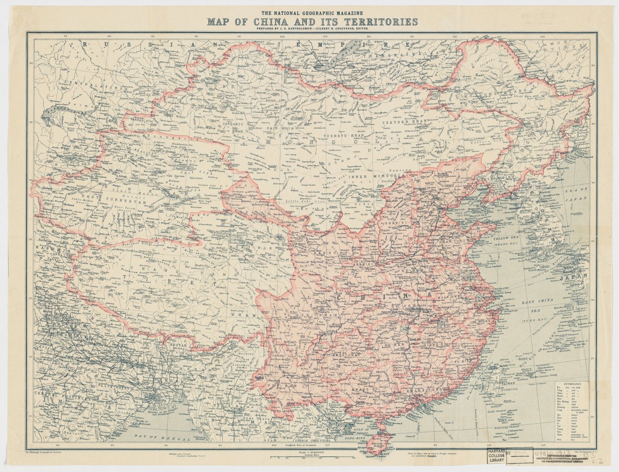 O mapa da National Geographic Magazine da China e seus territórios de J. G. Bartholomew
