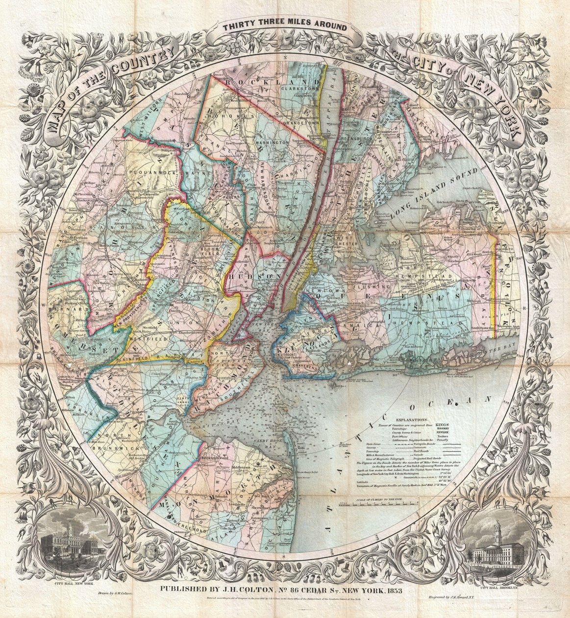Mapa do país Trinta e três milhas ao redor da cidade de Nova York de J. H. Colton