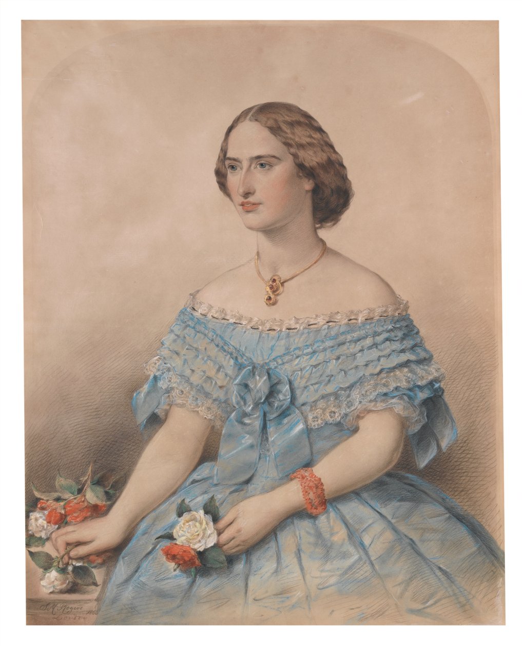 Retrato de uma jovem mulher, Miss Floe, 1863 (pastel sobre papel) de J. M. Rogers
