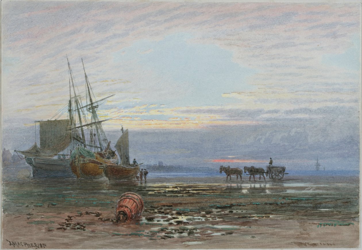 Shore Scene - Sunset (lápis e wc no papel (colado no cartão)) de J. MacPherson