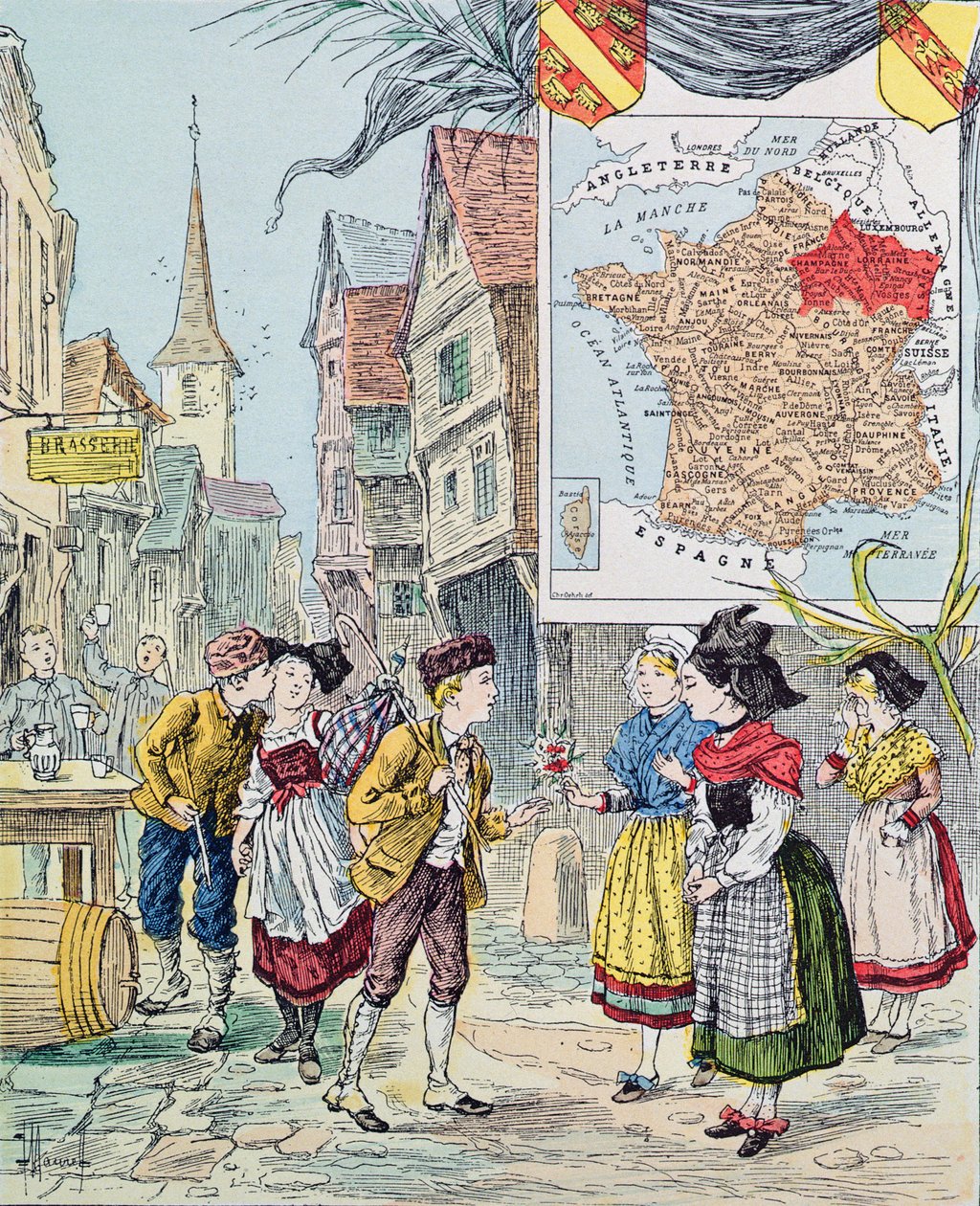Alsácia-Lorena, ilustração para o Tour de France por Marie de Grandmaison, 1893 de J. Maurel