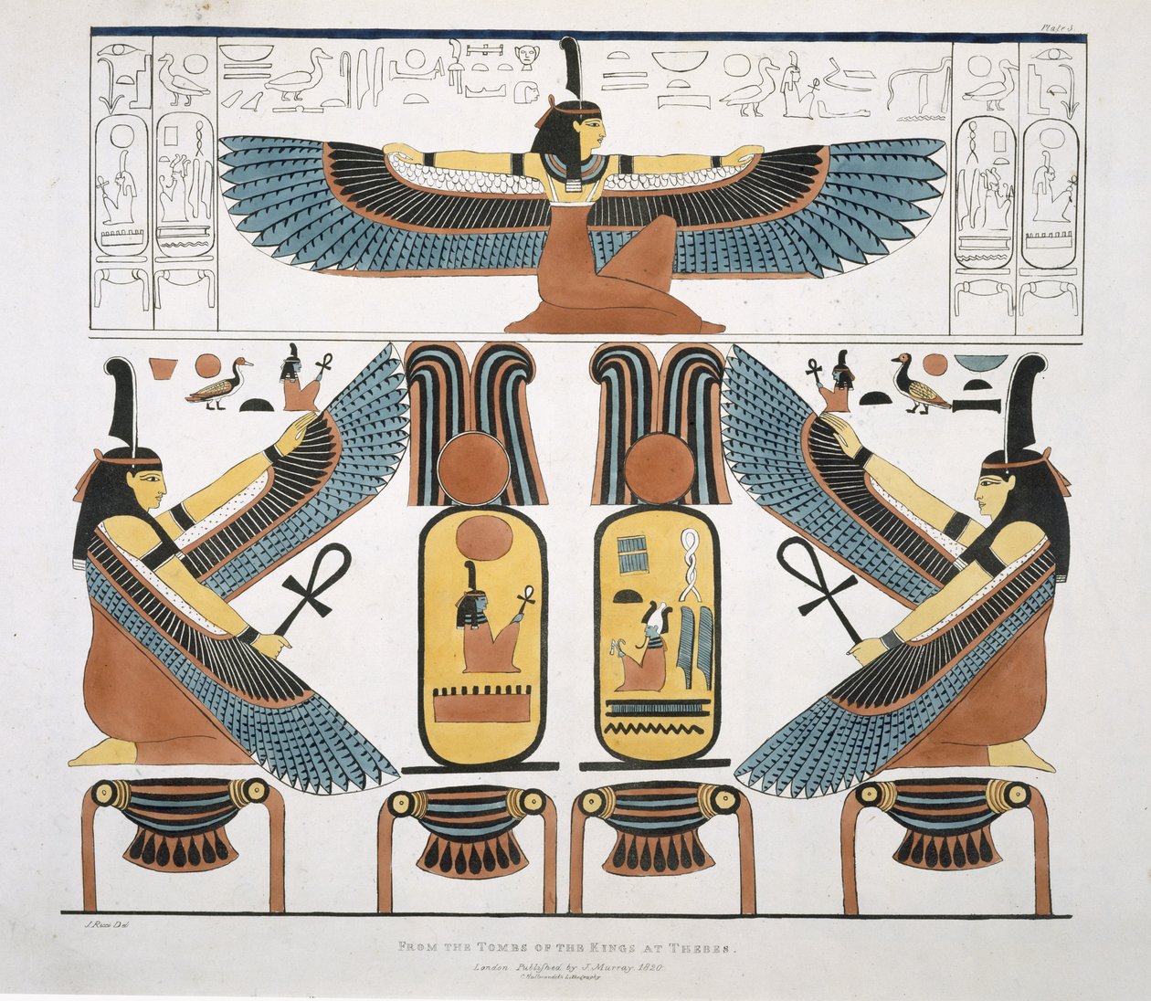 Mural das Tumbas dos Reis em Tebas, descoberto por G. Belzoni, quadro 3 de "Placas Ilustrativas das Pesquisas no Egito e na Núbia", gravado por Charles Hullamandel (1789-1850) 1820-22 (lit de J. Ricci