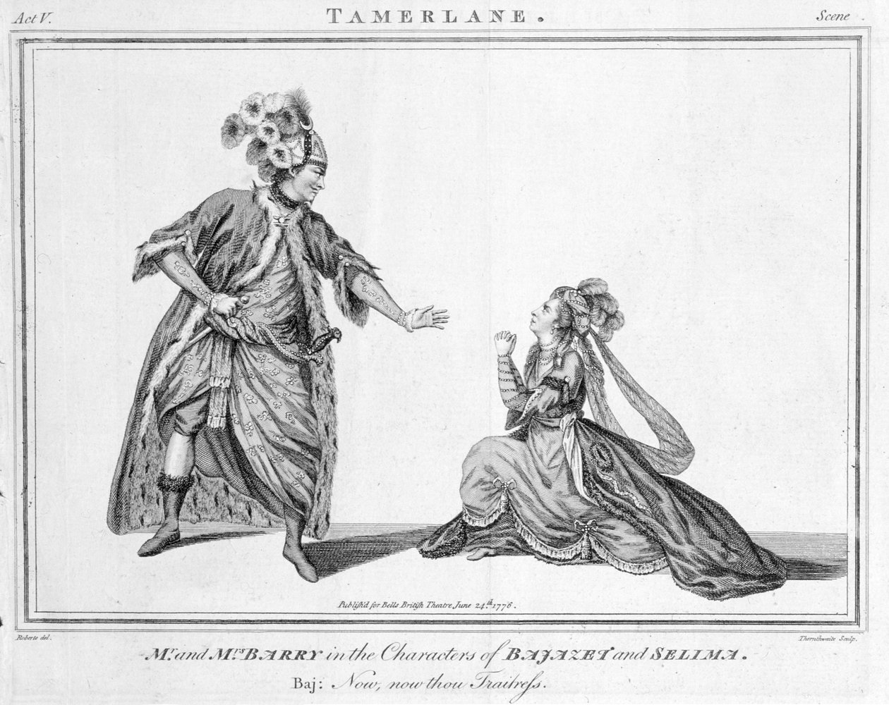 &39;Agora, agora, tu és traiteress&39;, cena de Tamerlane por Nicholas Rowe, 1776 de J. Roberts