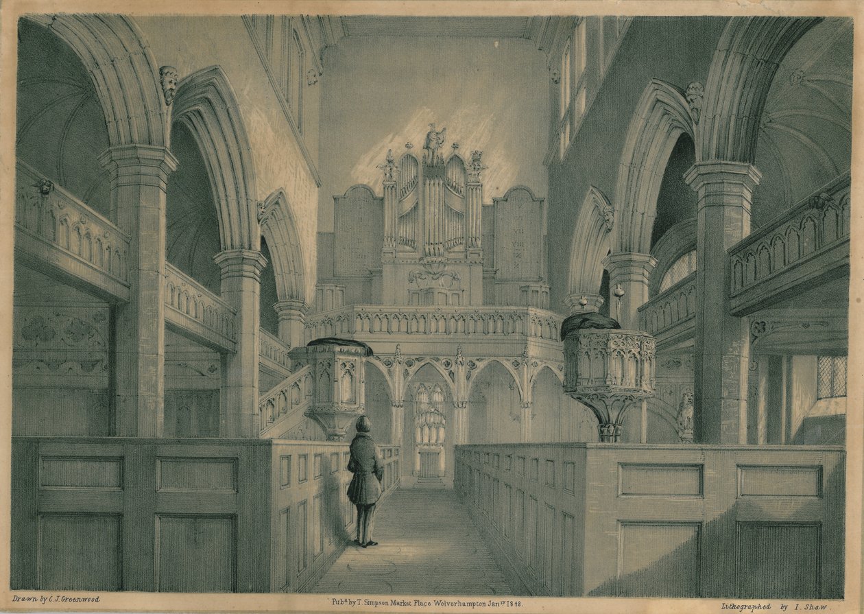 Vista interior da Igreja de São Pedro, Wolverhampton, 1848 de J. Show