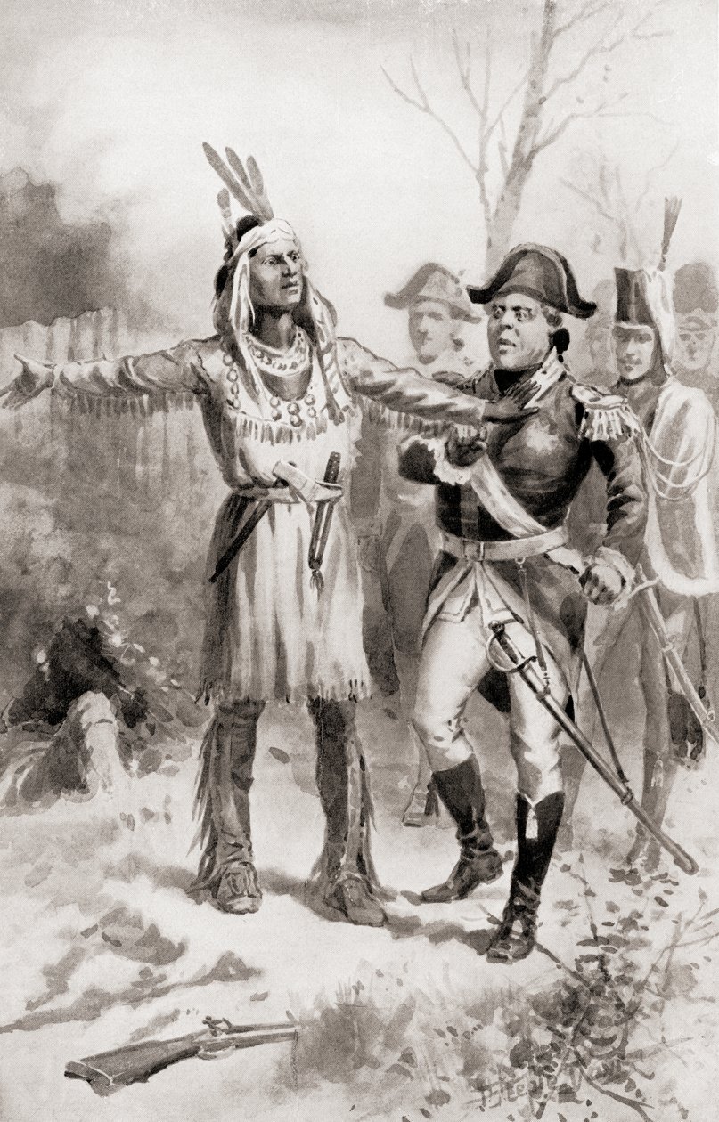 Tecumseh repreende o general Proctor por recuar durante a Batalha do Tamisa, também conhecida como a Batalha de Moraviantown, que fazia parte da Guerra de 1812, de The History of Our Country, publicada em 1905 (lit de J. Steeple Davis