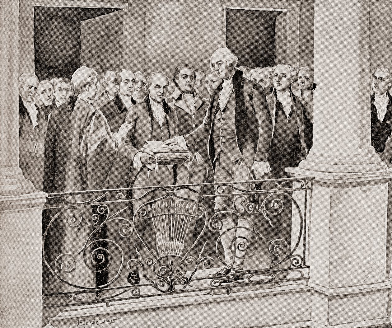 A primeira inauguração de George Washington, em 30 de abril de 1789, de The History of Our Country, publicada em 1905 de J. Steeple Davis