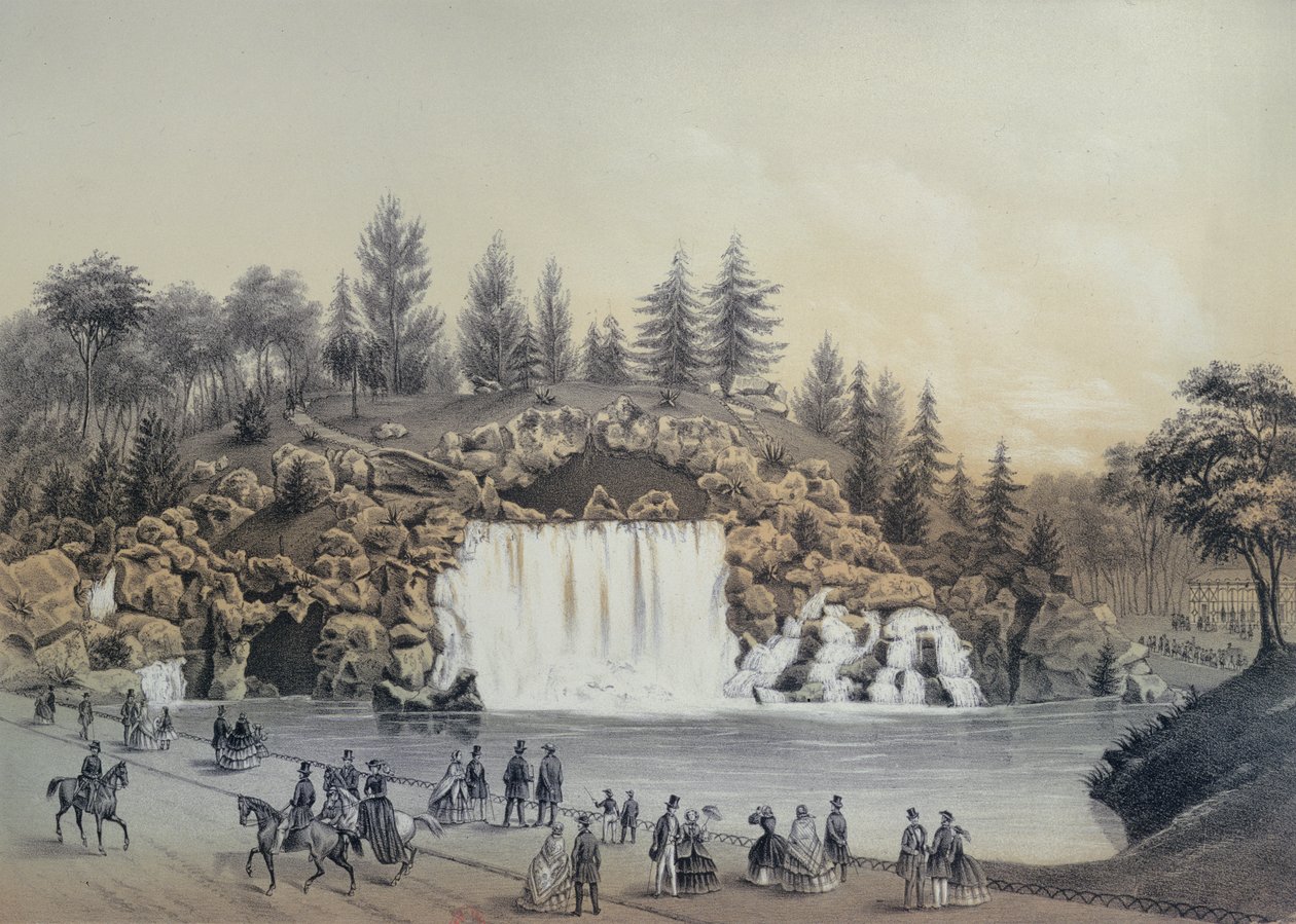 A grande cascata no Bois de Boulogne em Paris, publicada pela Caudrilier, 1860 de J. Walter