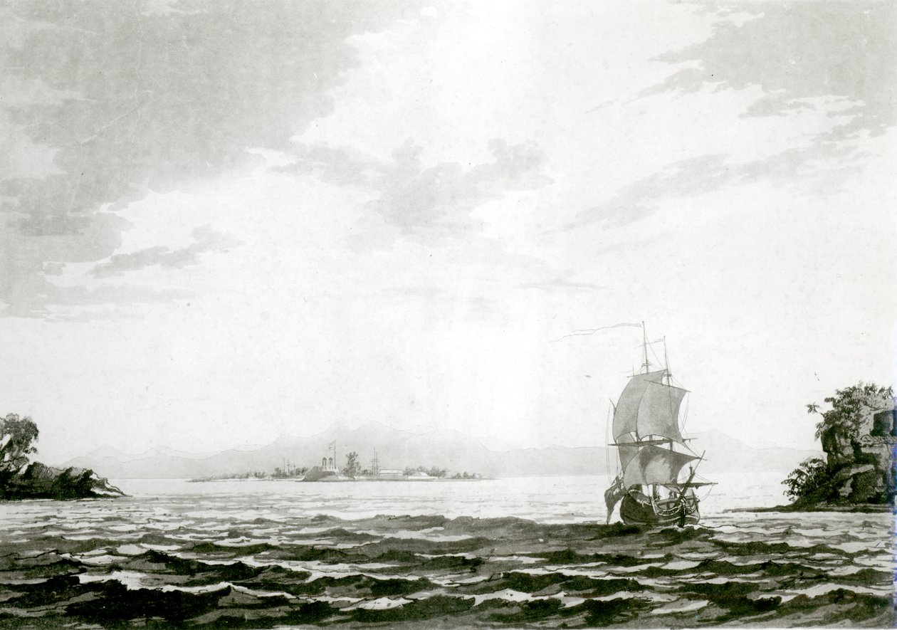 Vista da ilha de Tappanooly na costa sudoeste de Sumatra (aquatint) de J. Wells