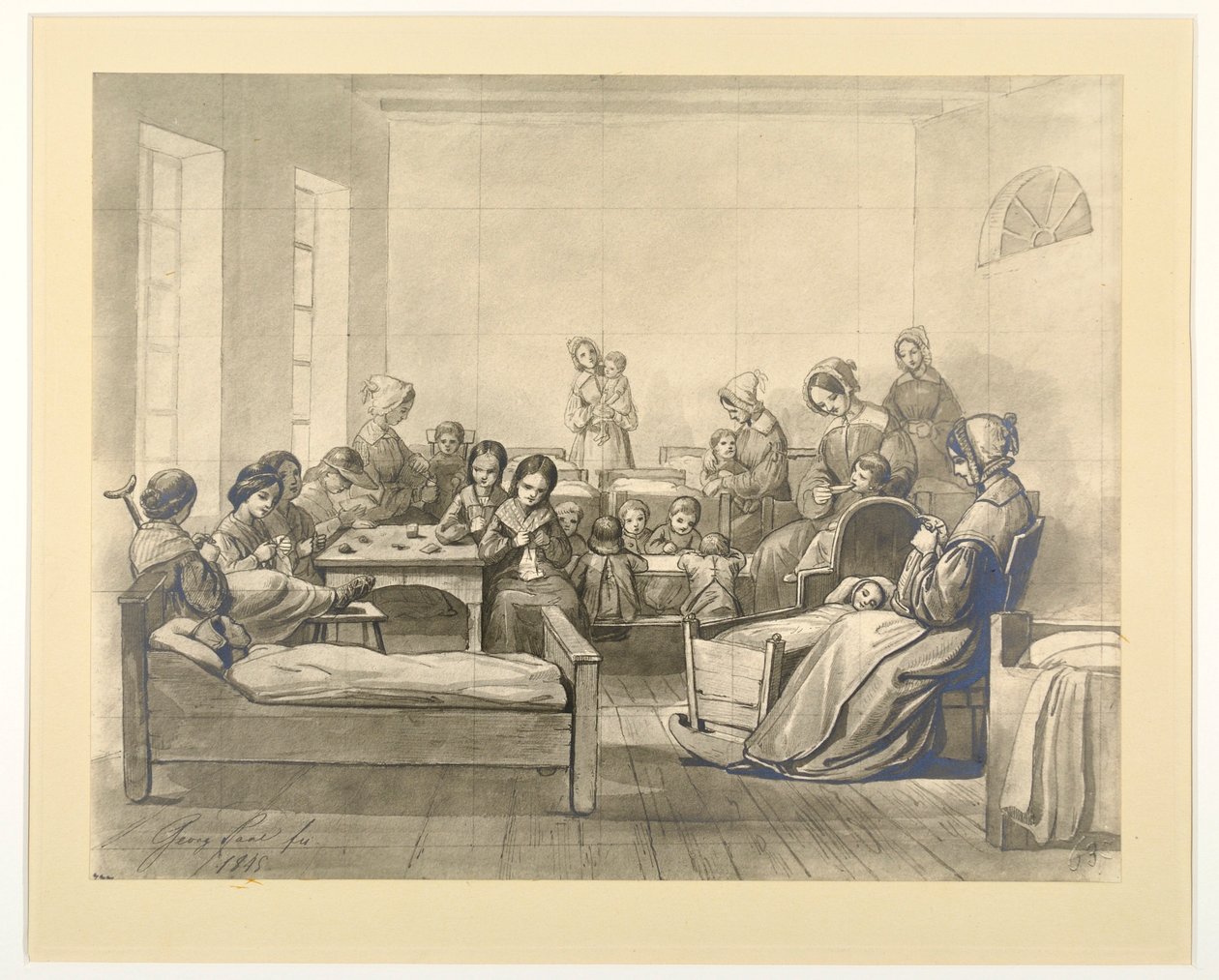 Kinder-Kranken-Saal, cena da ala com crianças e diaconisas em Kaiserswerth, 1845 de J.B. Sonderland