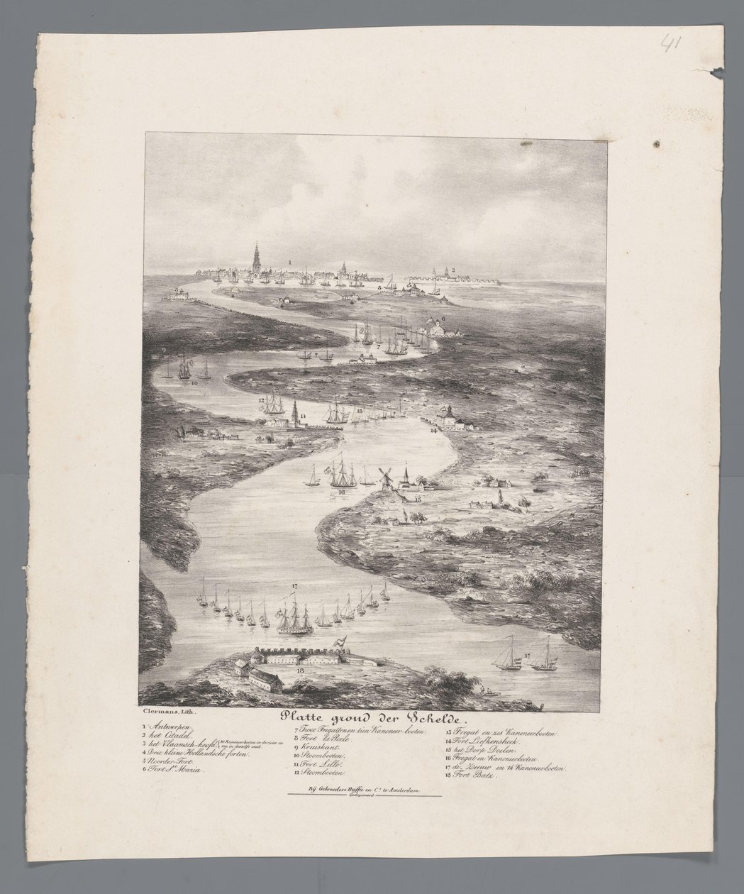 Caminhada do Escalda de Fort Bath a Antuérpia, 1832 Mapa do Scheldt (título no objeto) de J.B. Clermans