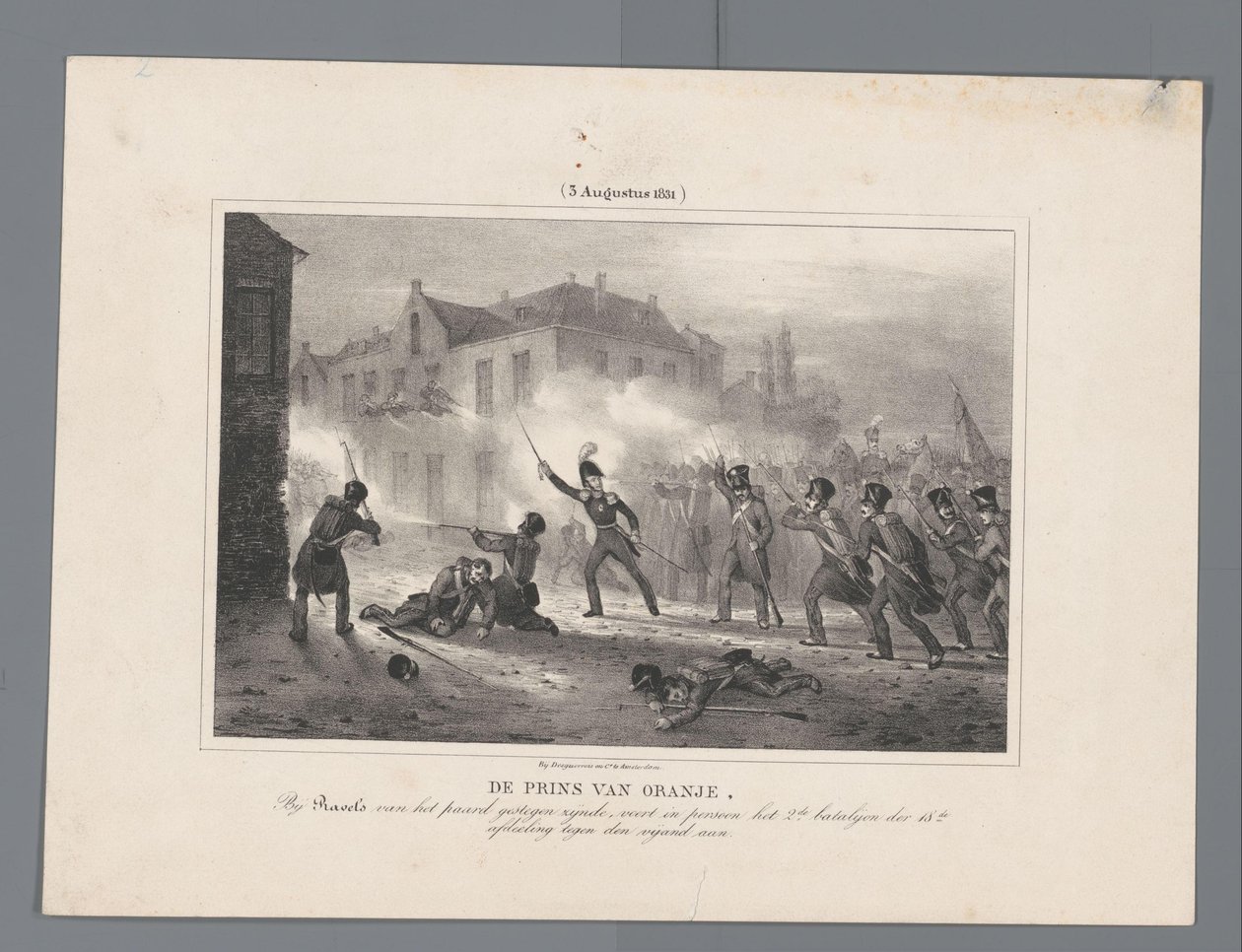 Príncipe de Orange liderando as tropas em Ravels, 1831
O Príncipe de Orange, tendo montado o cavalo em Ravels, lidera pessoalmente o 2º Batalhão da 18ª divisão contra o inimigo / (3 de Agosto de 1831) (título sobre o objecto)
Sete pratos de batalhas o de J.B. Clermans