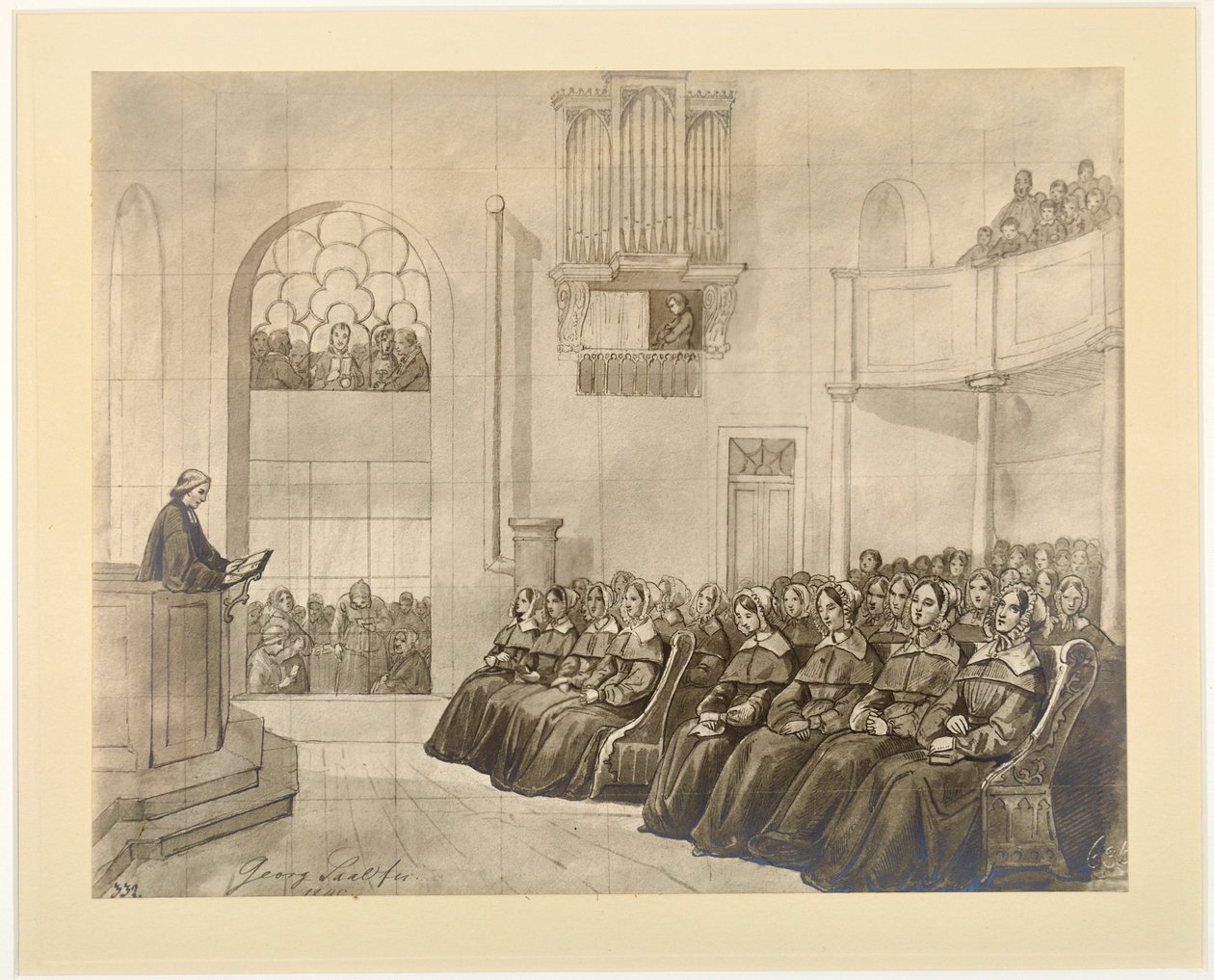 Diaconissen-Kirche, Pastor Fliedner pregando para as diaconisas na capela de Kaiserswerth, 1840 de J.B. Sonderland