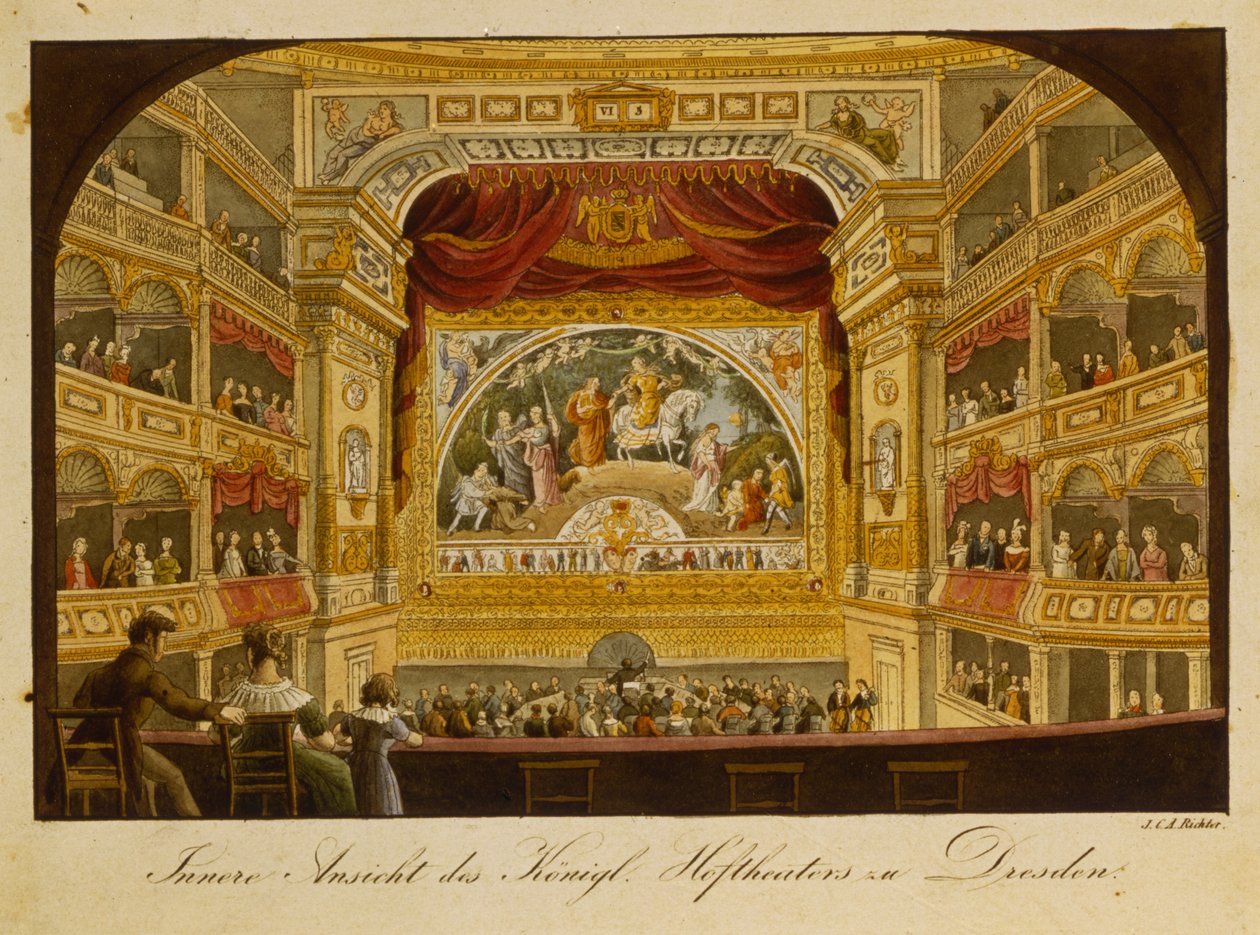 O interior do teatro real em Dresden, c.1845 (gravura colorida à mão) de J.C.A. Richter