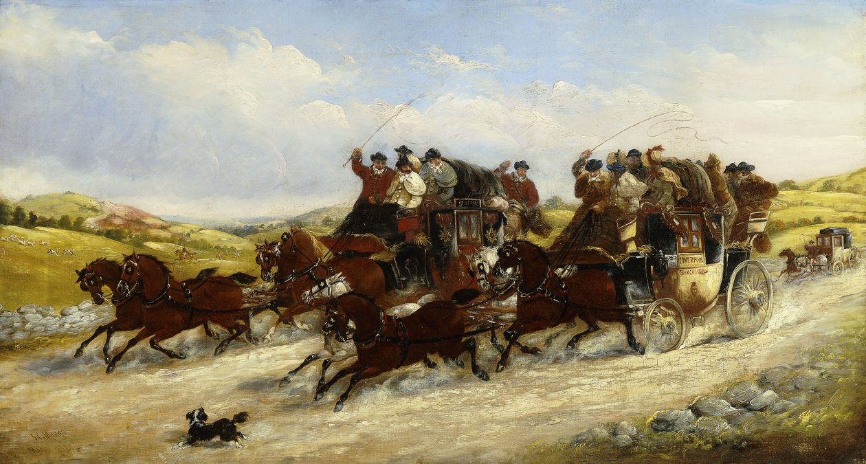 Uma corrida de Liverpool para Manchester com uma caçada além, 1880 de J.C. Maggs