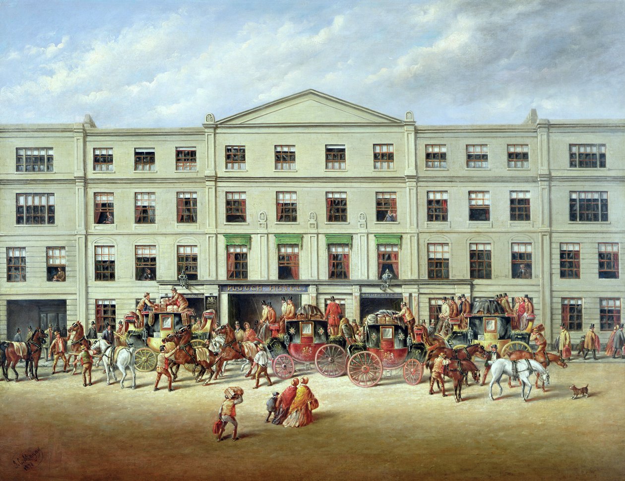 Troca de cavalos do lado de fora do Plough Inn, Cheltenham, 1870 de J.C. Maggs