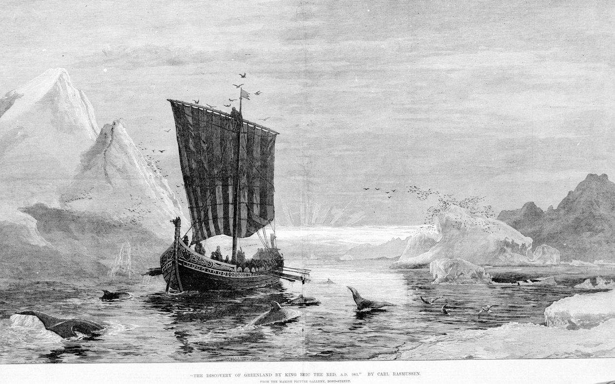 A descoberta da Groenlândia por Erik, o Vermelho, no século 10, por C. Rasmussen. A Galeria de Imagens da Marinha, Bond Street. de J.E. Carl Rasmussen