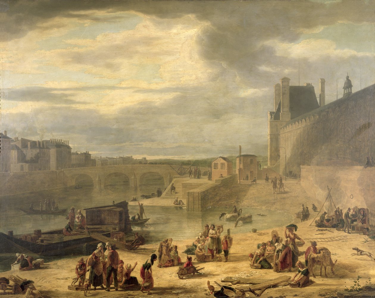 Vista da Grande Galeria do Louvre, das Tulherias e da Pont Royal, c.1795 de J.F. De Pelchin