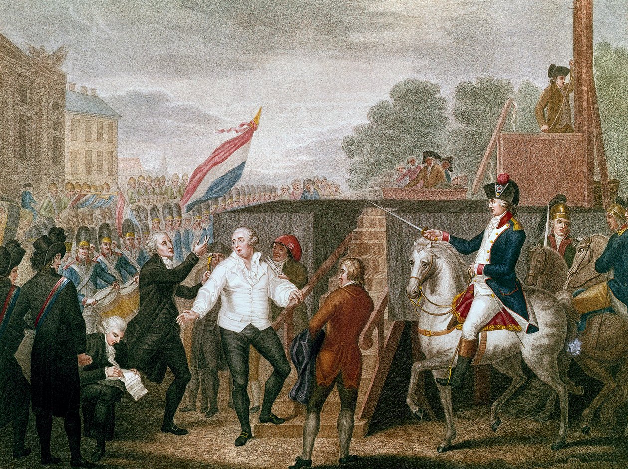 Revolução Francesa: "Rei Luís XVI com o seu confessor Edgeworth em 21/01/1793" O rei subindo para o cadafalso. Ilustração de J. F. Cazenave (1770-?) 1793 de J.F. Cazenave