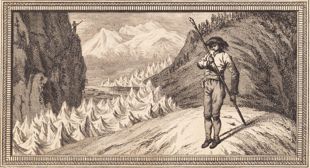 Um homem em um campo de neve se apoia em uma longa equipe de J.F. Clemens