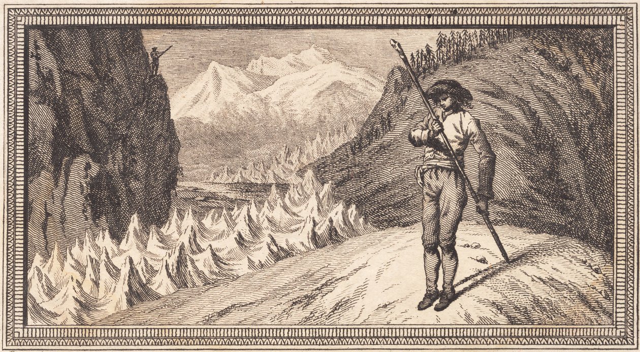 Um homem em um campo de neve se apoia em uma longa equipe de J.F. Clemens